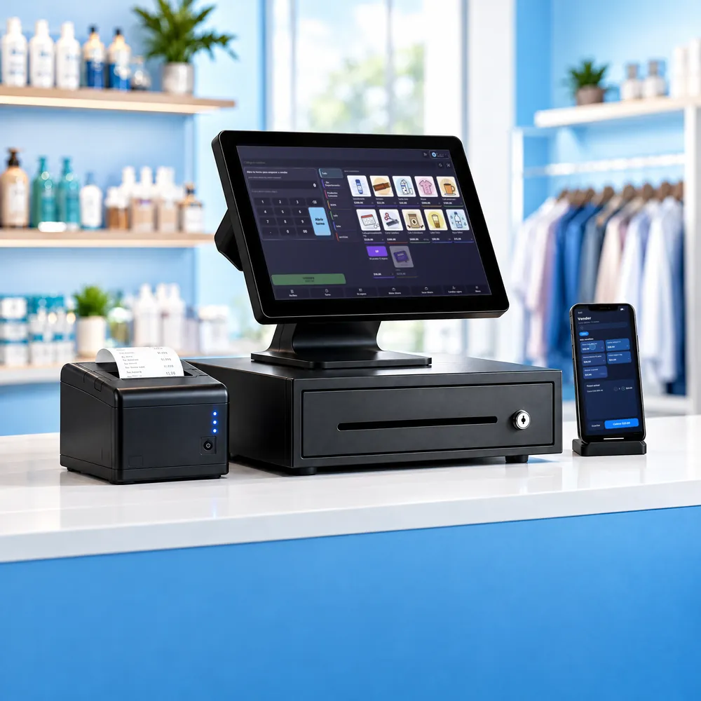 Representación del kit HYBRID con monitor touch, impresora, cajón y celular